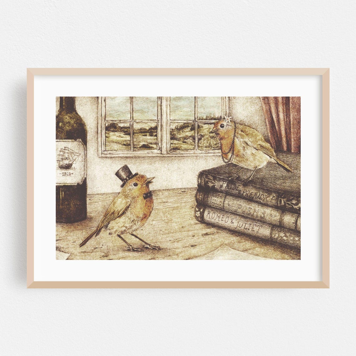 Dapper Robins in Top Hat and Pearls Vintage Book Lovers Poster