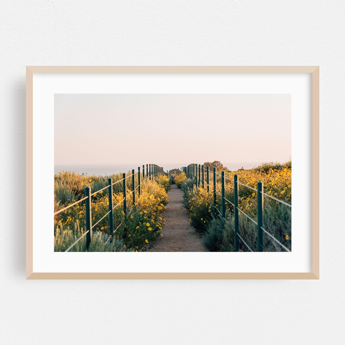 Wildflower Path to the Sea at Dusk Coastal Nature Photo Poster