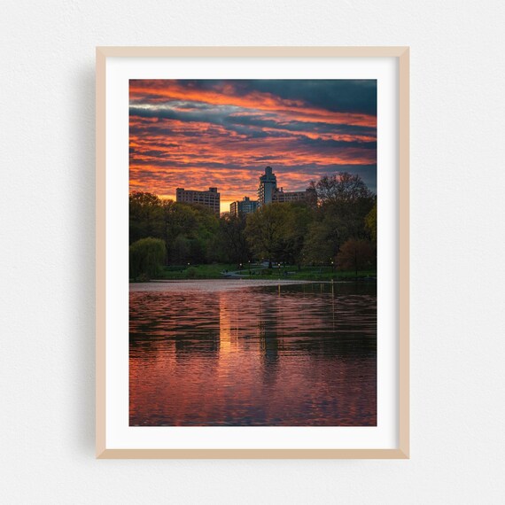 Manhattan Lake Sunset Fiery Sky Reflection City Skyline Poster