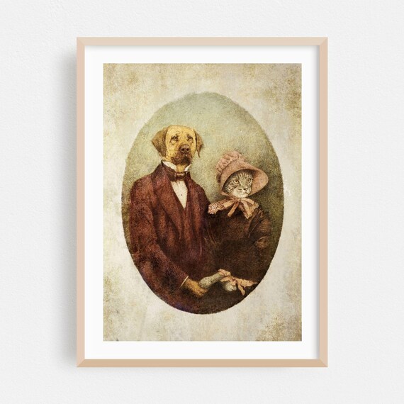 Victorian Dog and Cat Couple Portrait in Vintage Clothing Poster