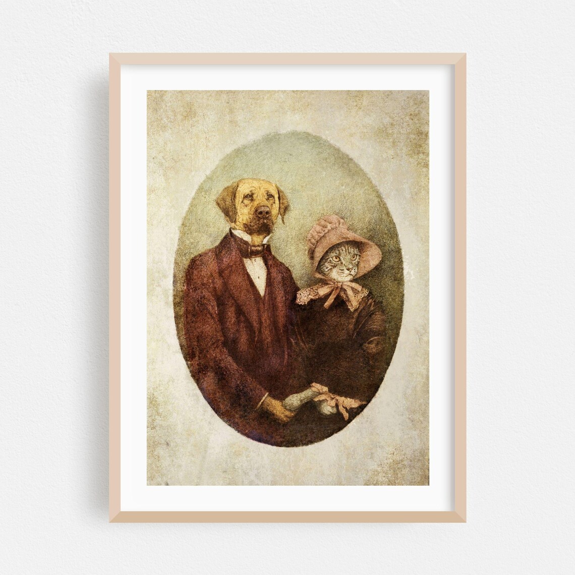 Victorian Dog and Cat Couple Portrait in Vintage Clothing Poster