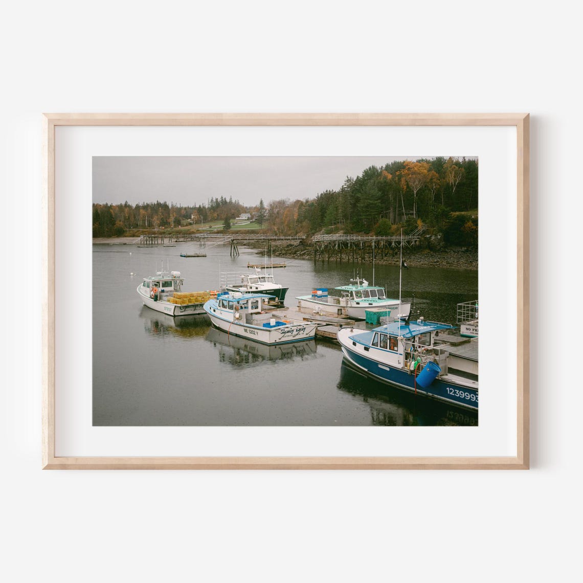 Fishing Boats Docked in a Quiet Harbor on a Misty Morning Poster