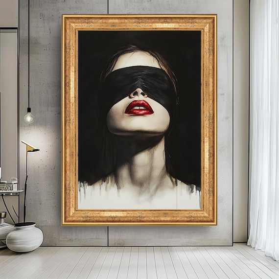 Blindfolded Woman Canvas Wall Art Dark Sexy Lips Painting Modern Bold Portrait Print Mysterious Female Decor For Bedroom