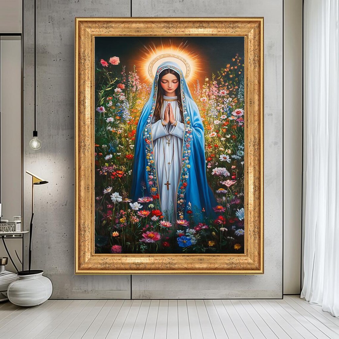 Virgin Mary Praying in Flower Garden Blue Cloak Catholic Religious Poster