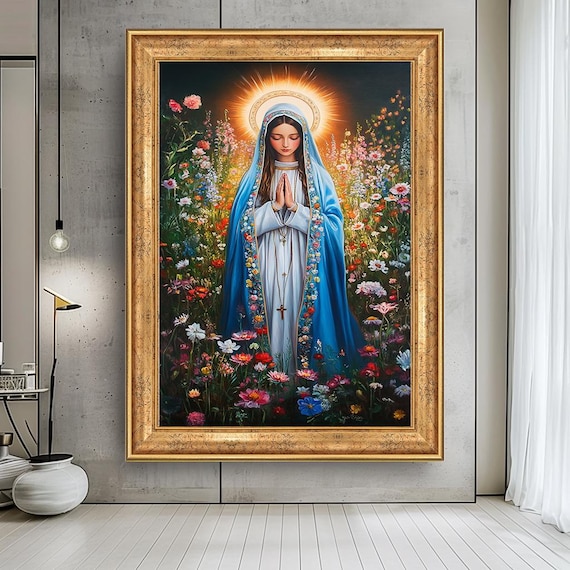 Virgin Mary Praying in Flower Garden Blue Cloak Catholic Religious Poster