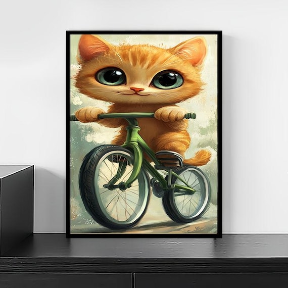 Cute Orange Kitten Riding a Green Bicycle Whimsical Art Poster