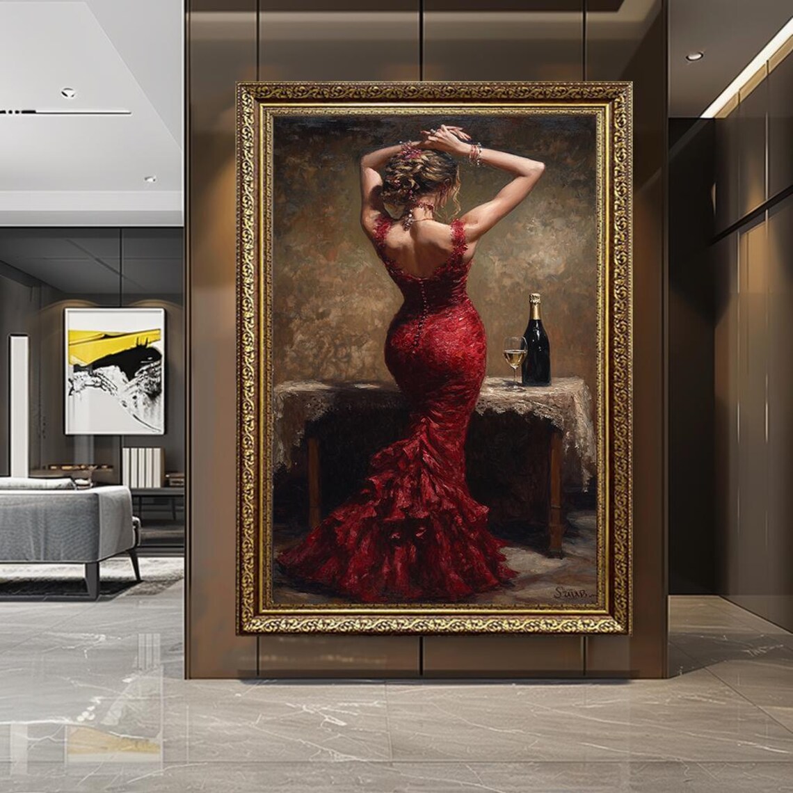 Elegant Woman In Red Lace Gown Champagne Evening Painting Poster