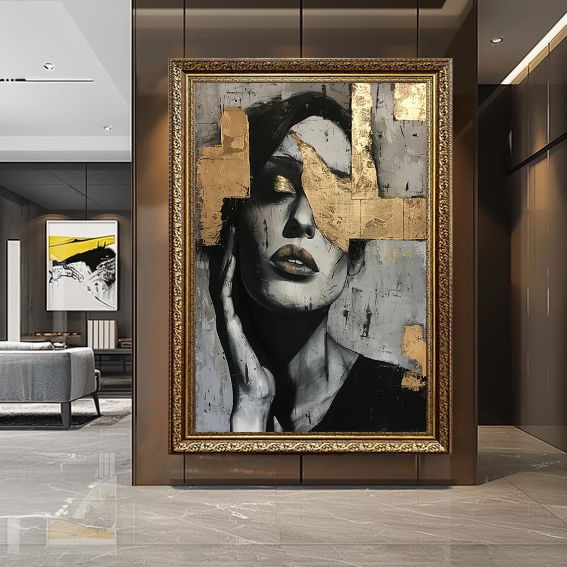 Gold Leaf Woman Portrait Grey Black Modern Elegant Art Poster