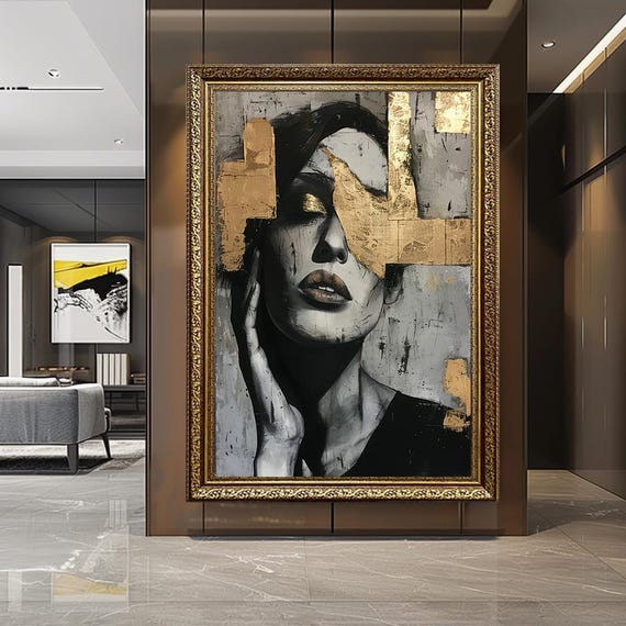 Gold Leaf Woman Portrait Canvas Print Abstract Blackgrey Modern Art
