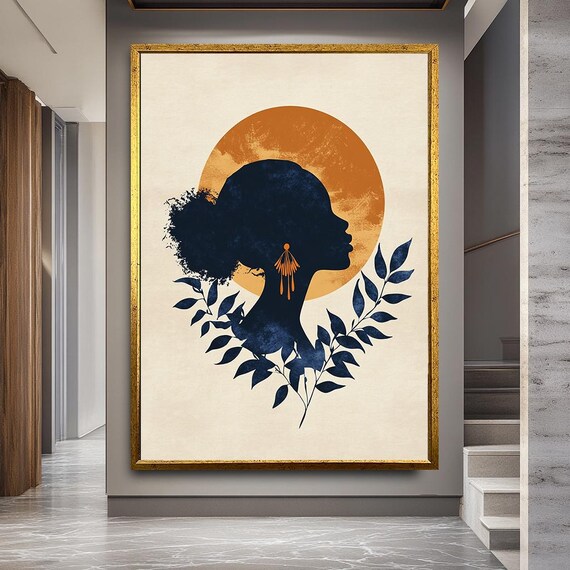African Woman Sun Silhouette Boho Botanical Modern Art Print