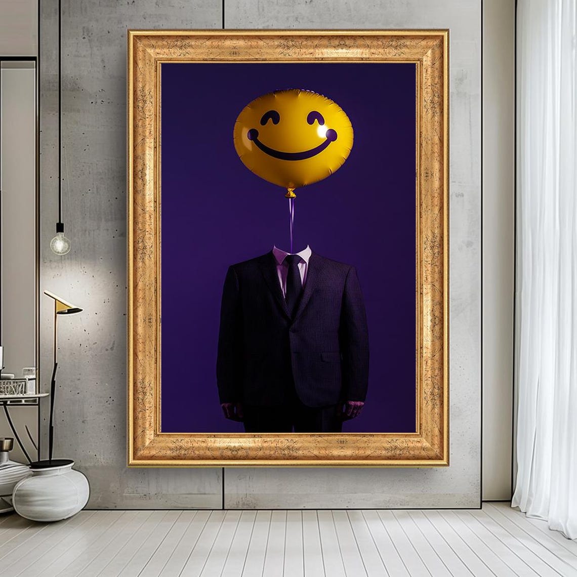 Smiley Balloon Head Suit Figure Surreal Pop Purple Background Poster
