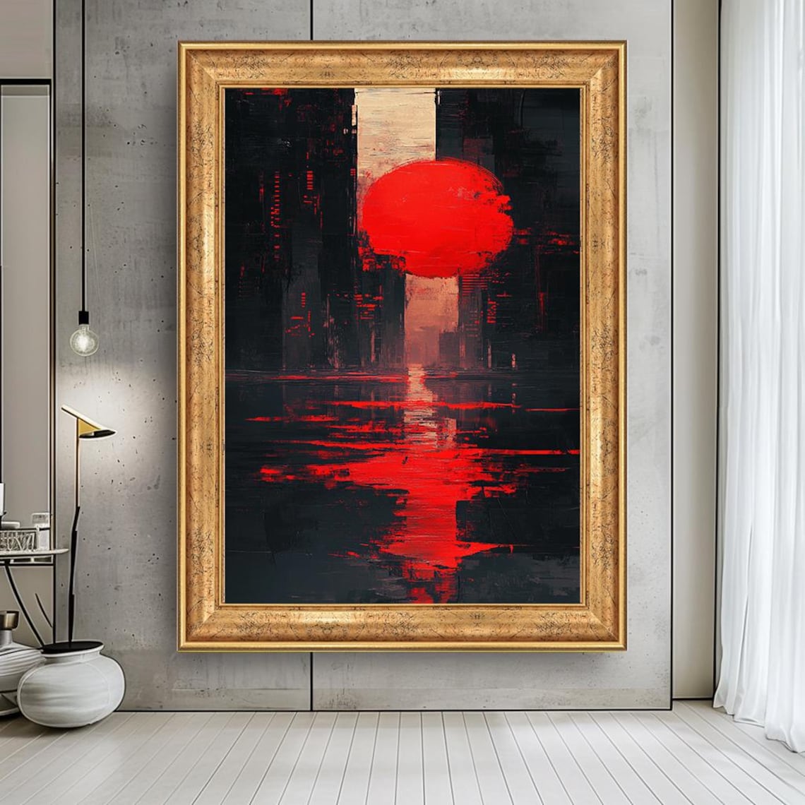 Crimson Sun Rising Over Dark Skyline Modern Abstract Night City Print