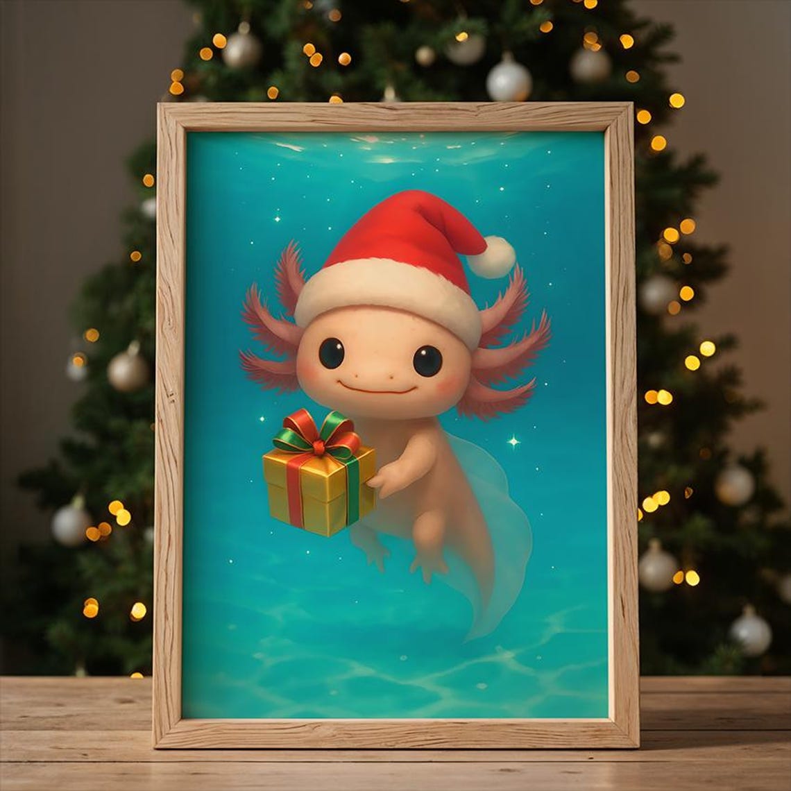 Christmas Axolotl Wearing Santa Hat Poster with Gift Underwater