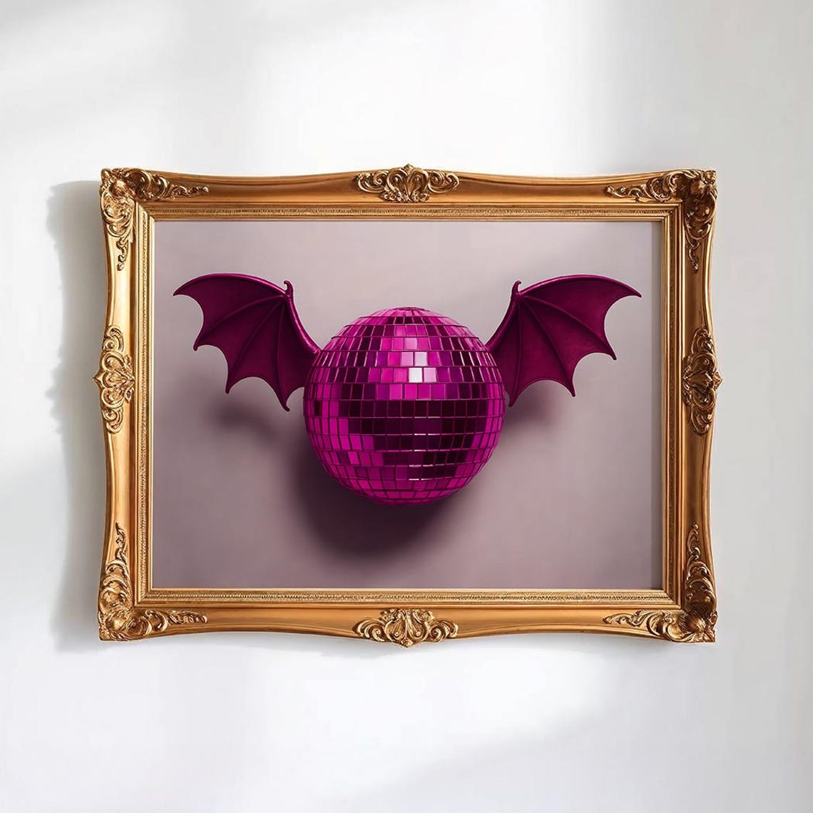 Pink Disco Ball Bat Poster Retro Halloween Print