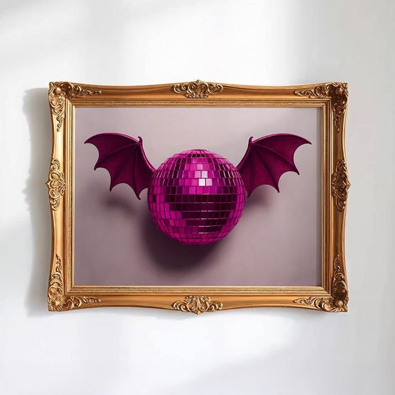 Pink Disco Ball Bat Poster Retro Halloween Print