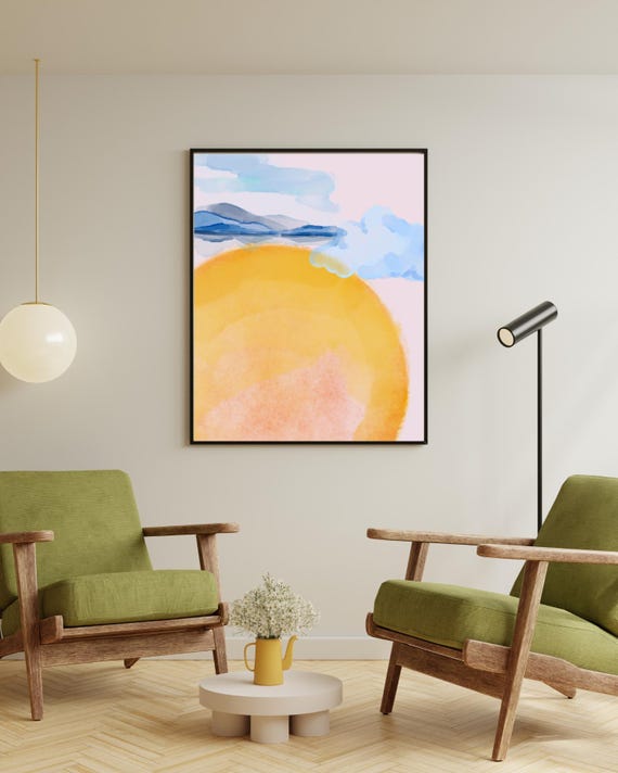 Sunshine Watercolor Poster Abstract Sun And Clouds Wall Art Minimalist