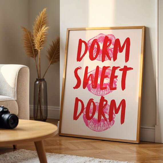 Dorm Sweet Dorm Red Text Lipstick Kiss Marks College Room Wall Art