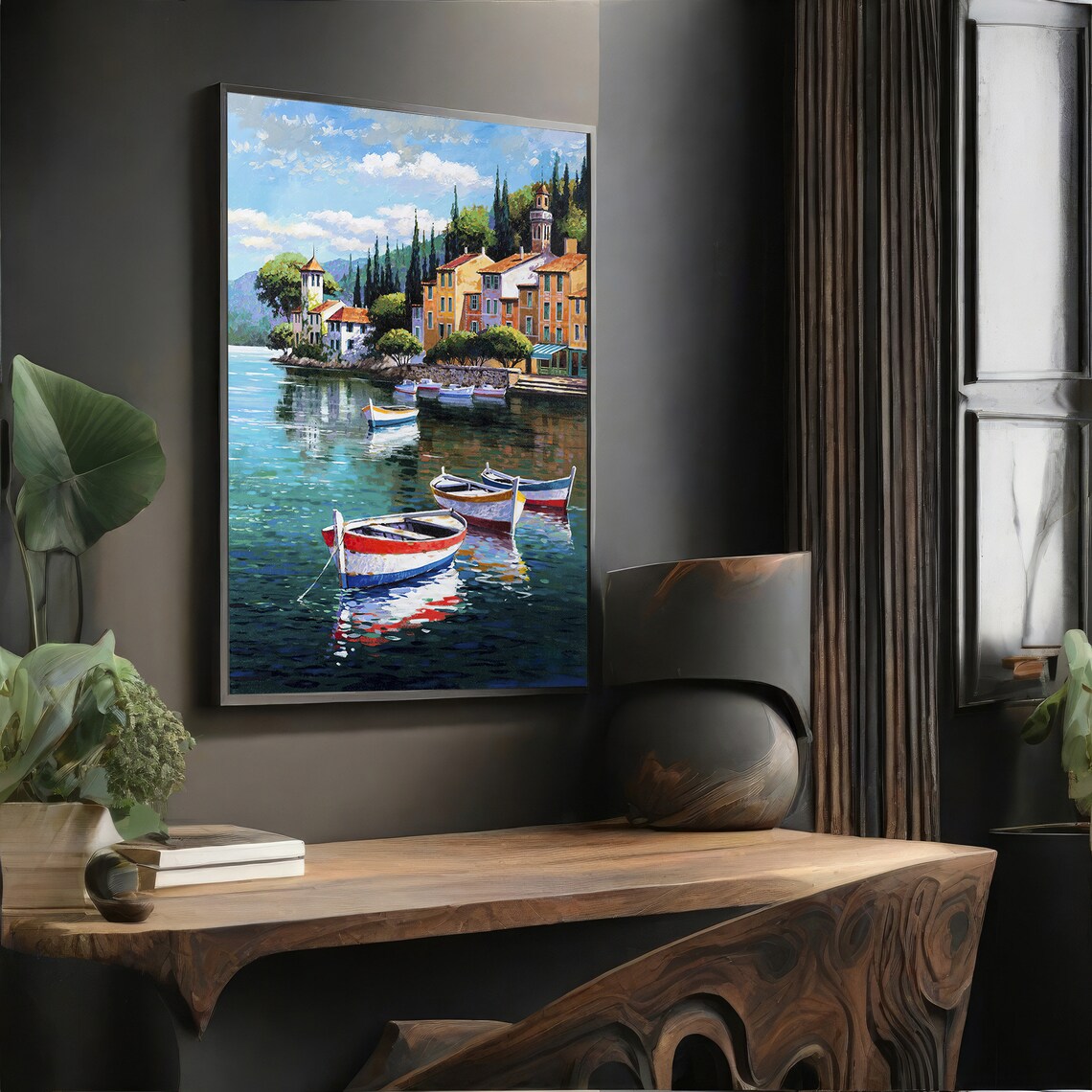 Coastal Town With Boats, Modern Painting