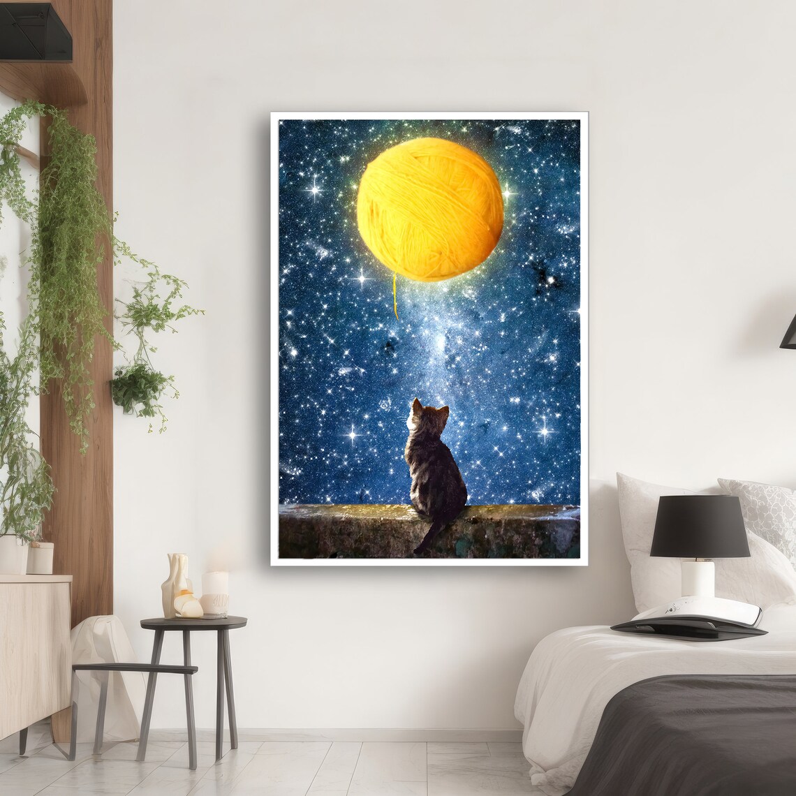 Dreamy Cat And Yarn Moon Painting, Whimsical - Image 2