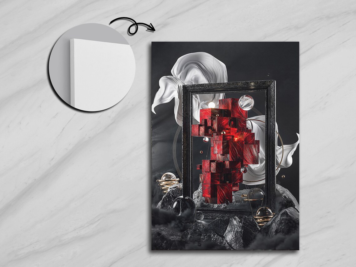 Red Cube Geometric Abstraction, Mixed Media Art