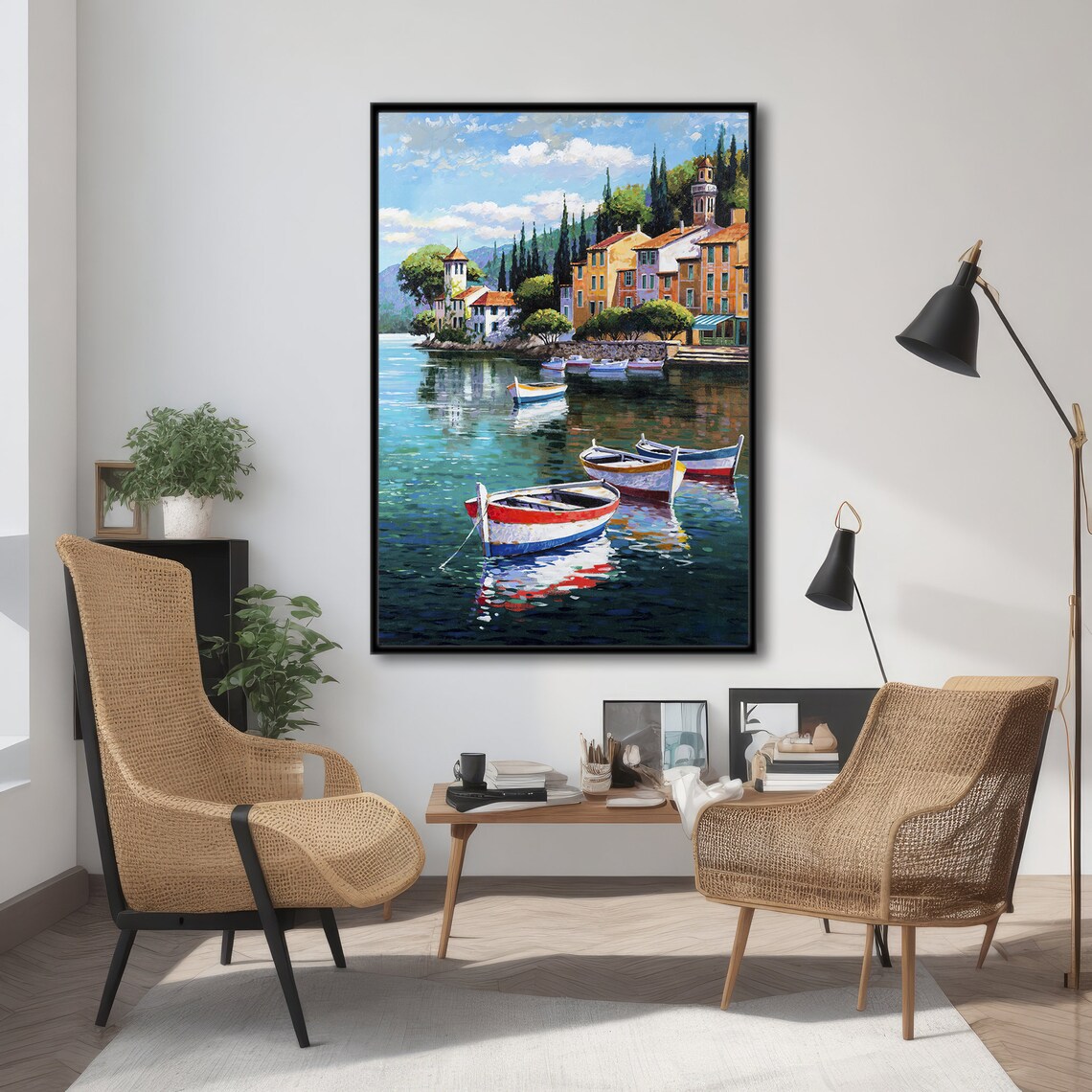 Coastal Town With Boats, Modern Painting - Image 4