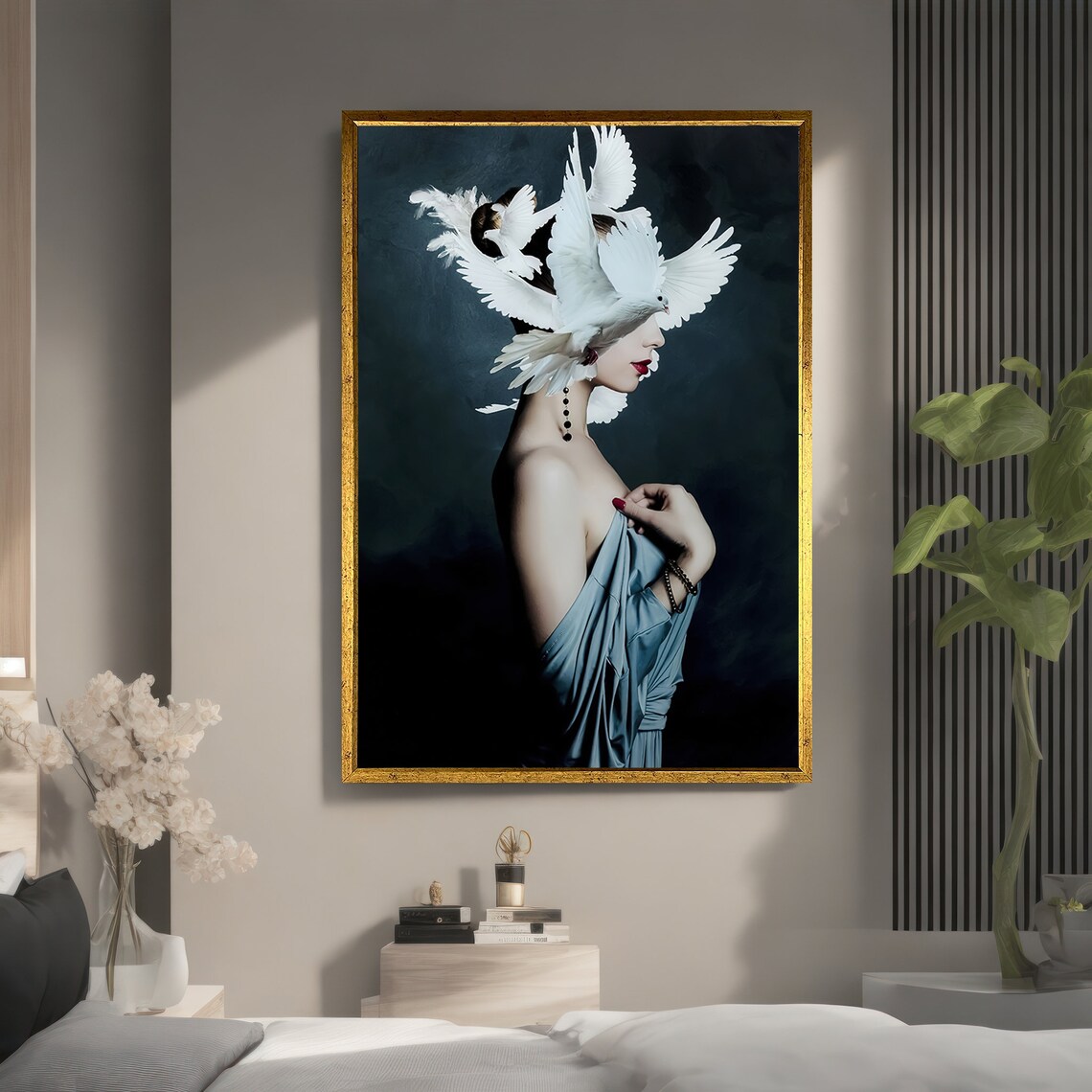 Elegant Woman With Doves, Modern Painting - Image 5