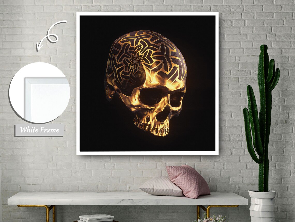 Golden Skull With Triangular Spirals, Mystery Art Print - Image 3