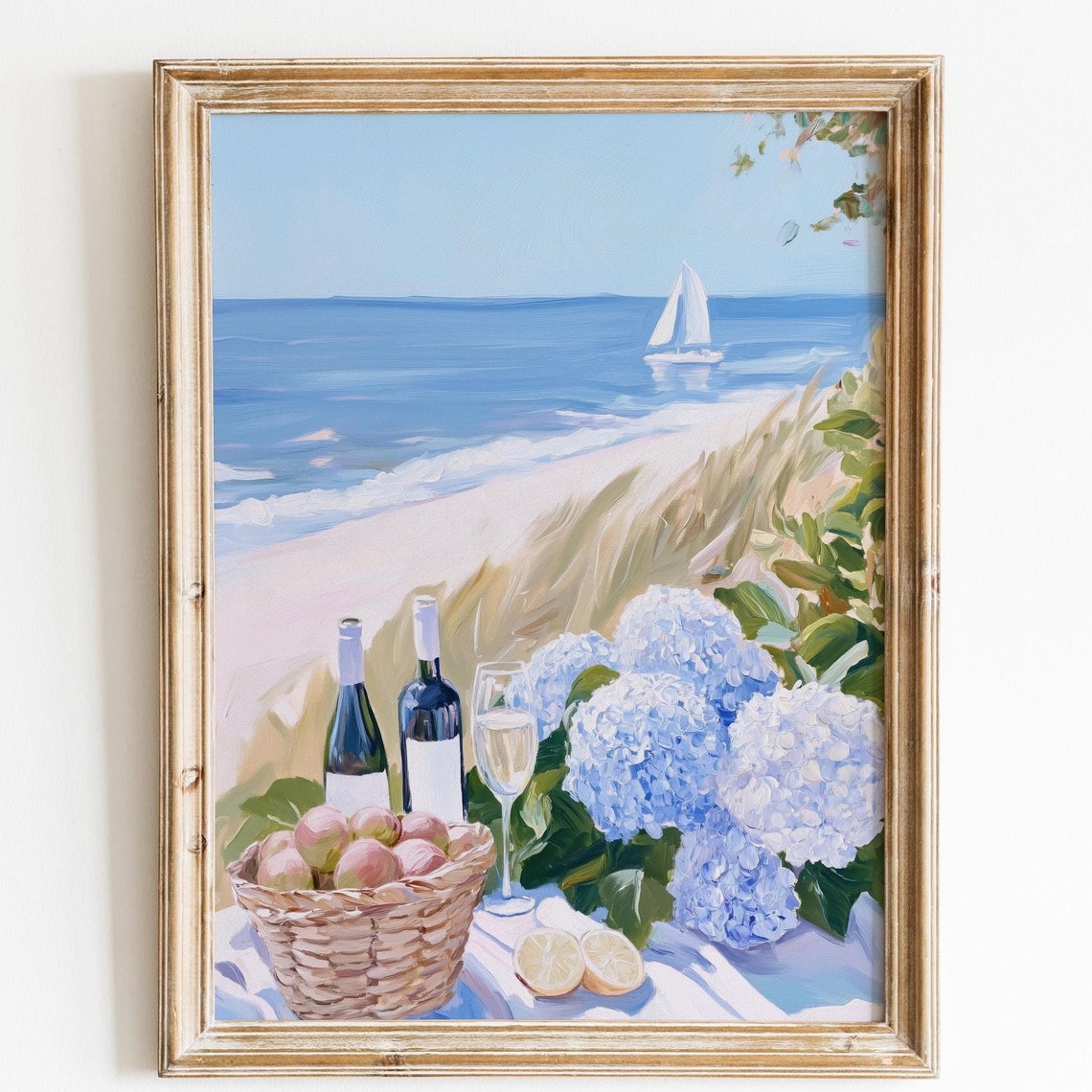 Beach Picnic Art Coastal Granddaughter Print Blue Hydrangea Wall Kitchen Decor East Coast Cowgirl