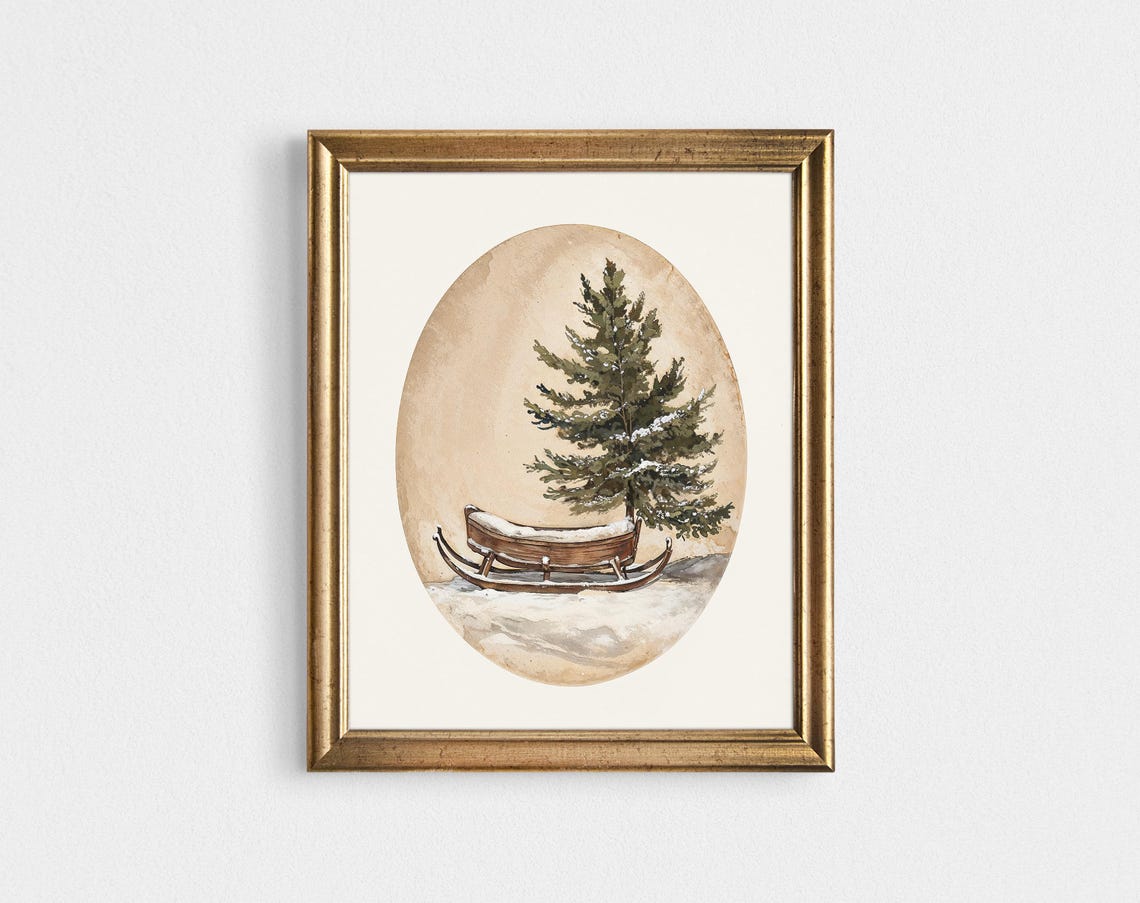 Rustic Vintage Wooden Sleigh Snow Pine Oval Christmas Art Poster - Image 2