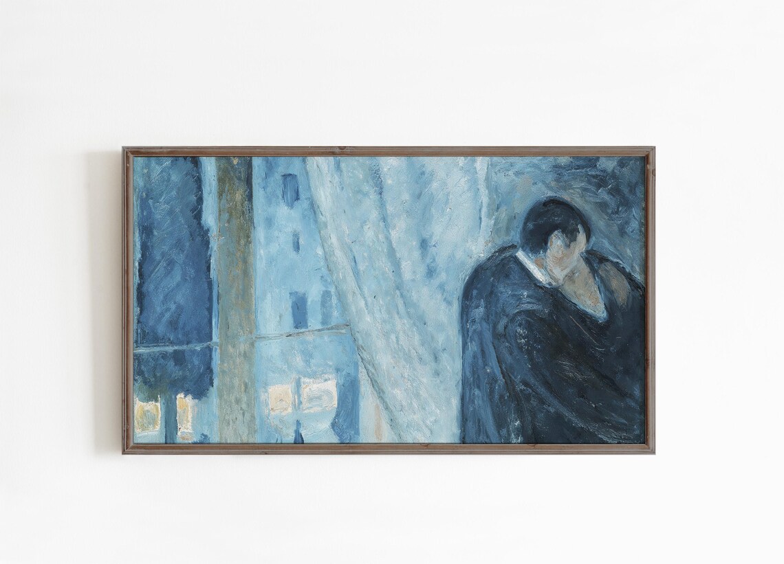 Blue Embrace Couple Moody Vintage Romantic Kiss Art Home Poster - Image 4