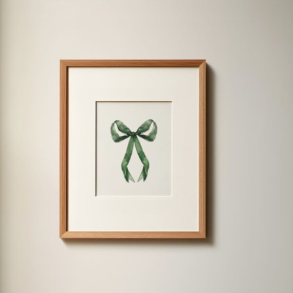 Green Watercolor Bow Minimalist Ribbon Painting Neutral Wall Art