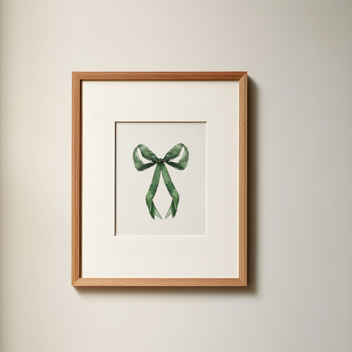 Green Watercolor Bow Minimalist Ribbon Painting Neutral Wall Art