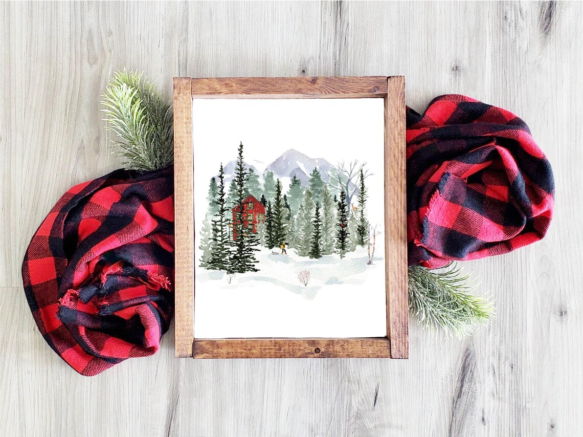 Snowy Red Cabin Watercolor Mountain Woodland Winter Landscape Poster - Image 6