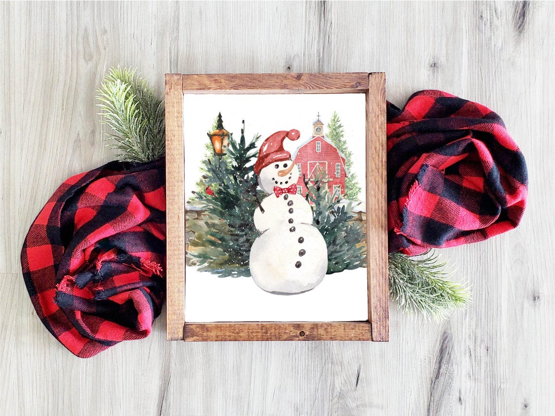 Snowman With Red Hat And Bow Tie Red Barn Winter Watercolor Poster - Image 6