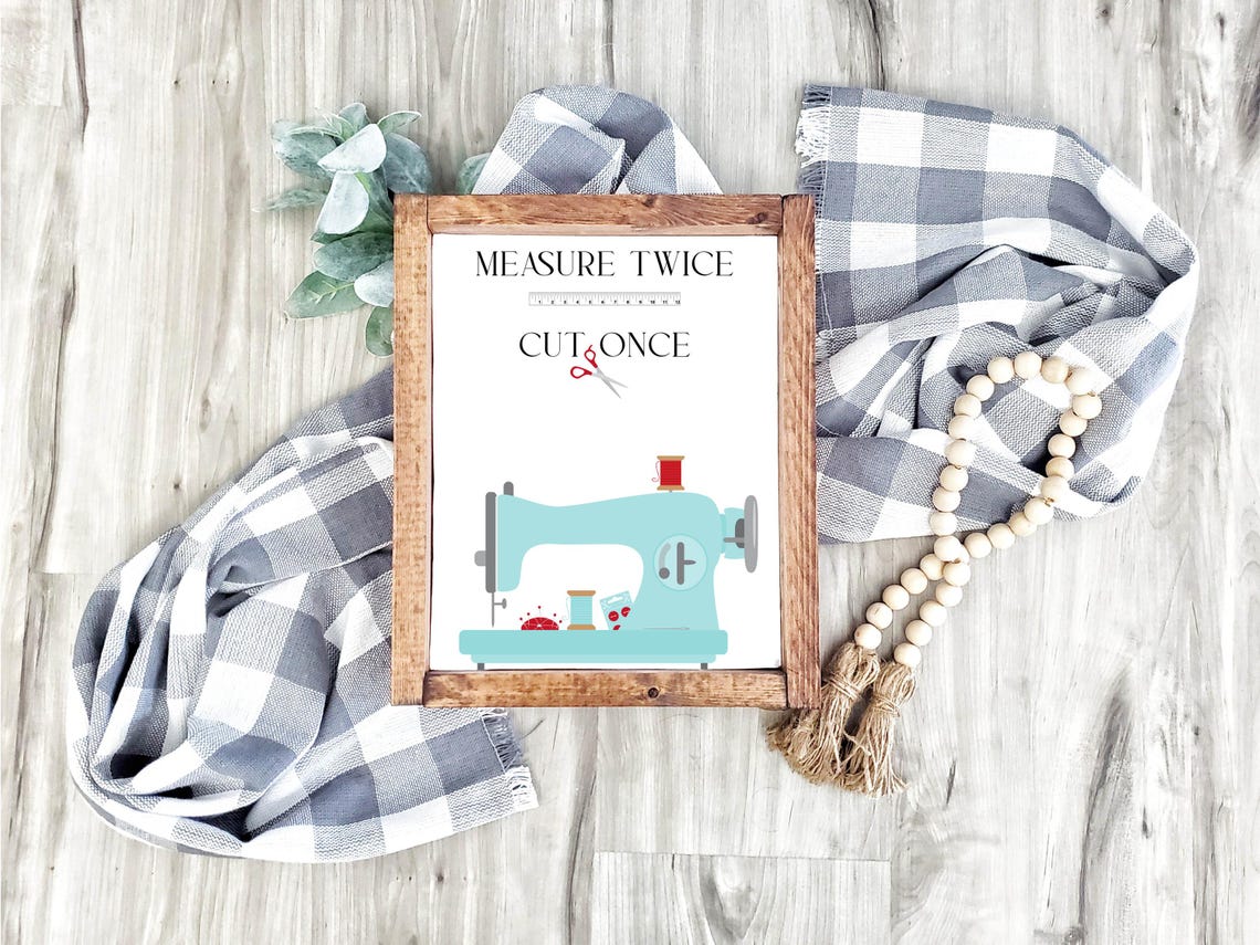 Measure Twice Cut Once Teal Sewing Machine Craft Room Art Print - Image 2