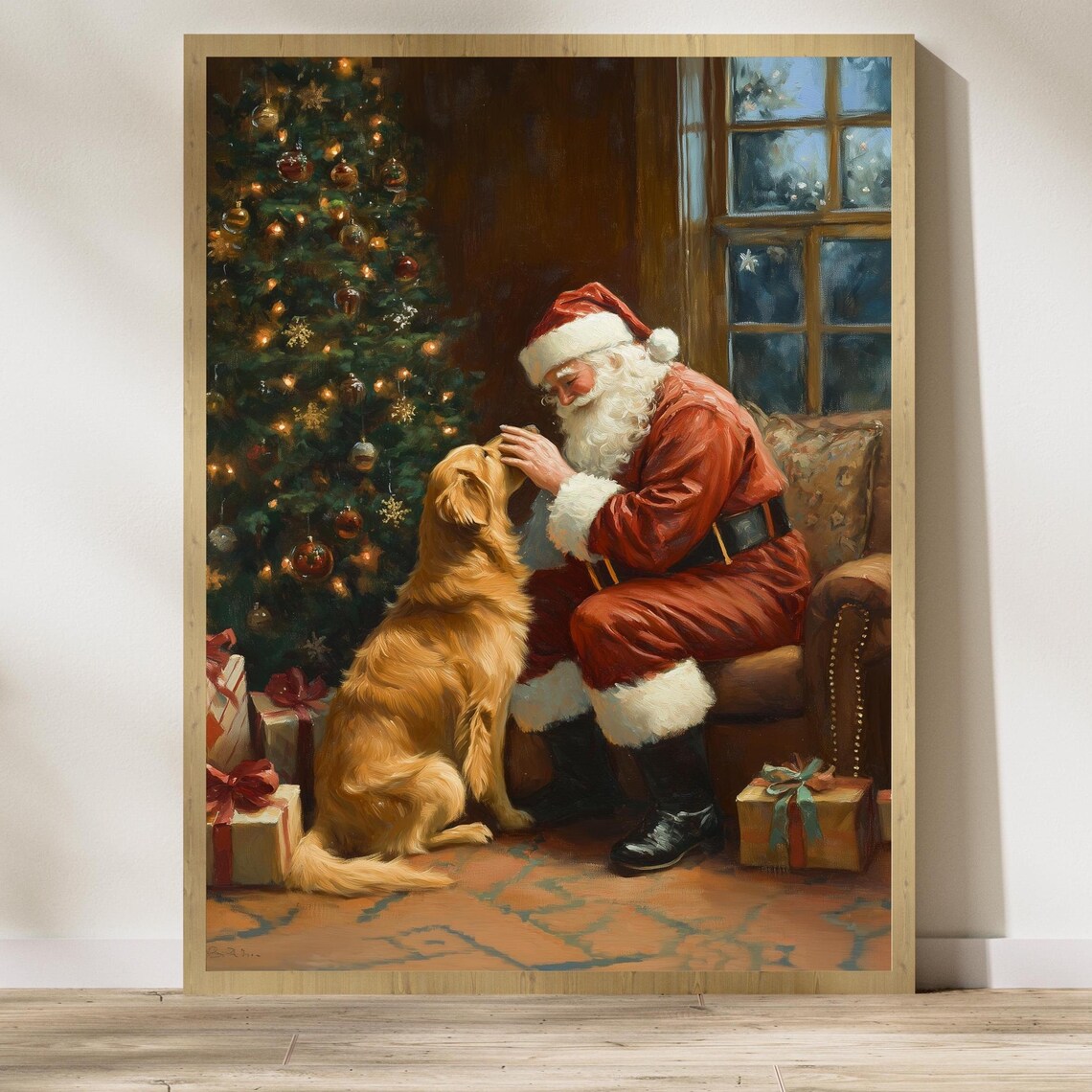 Jolly Santa Claus Petting A Golden Retriever Christmas Poster