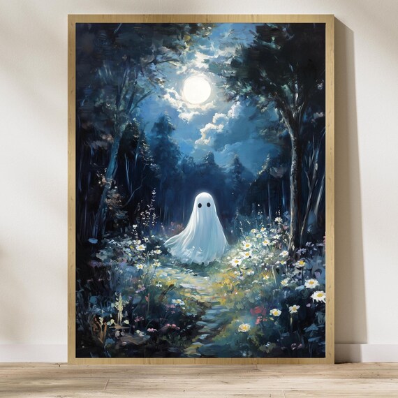 Sweet Little Ghost in a Moonlit Forest of Wildflowers Poster