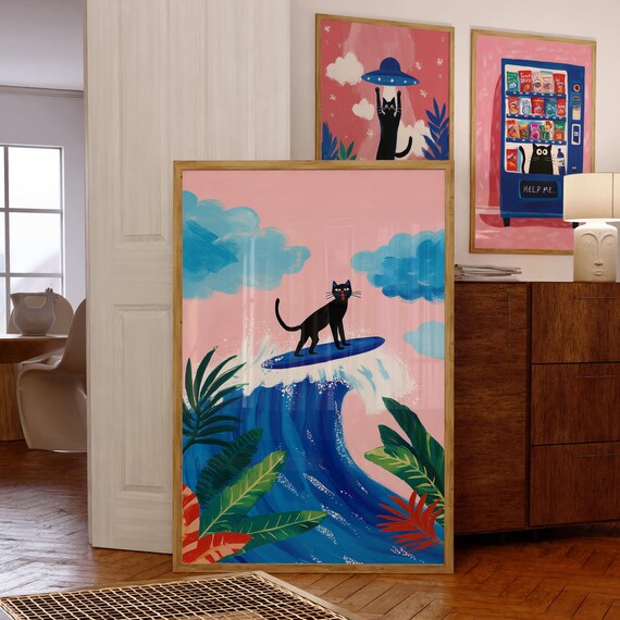 Surfing Black Cat Print Tropical Pop Art Poster Funny Surf Wall Coastal Decor Modern Beach Quirky