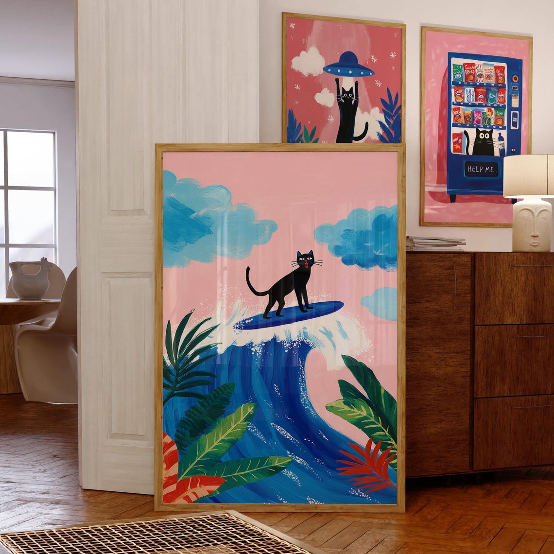 Black Cat Surfing Giant Wave Tropical Pop Art Funny Coastal Poster
