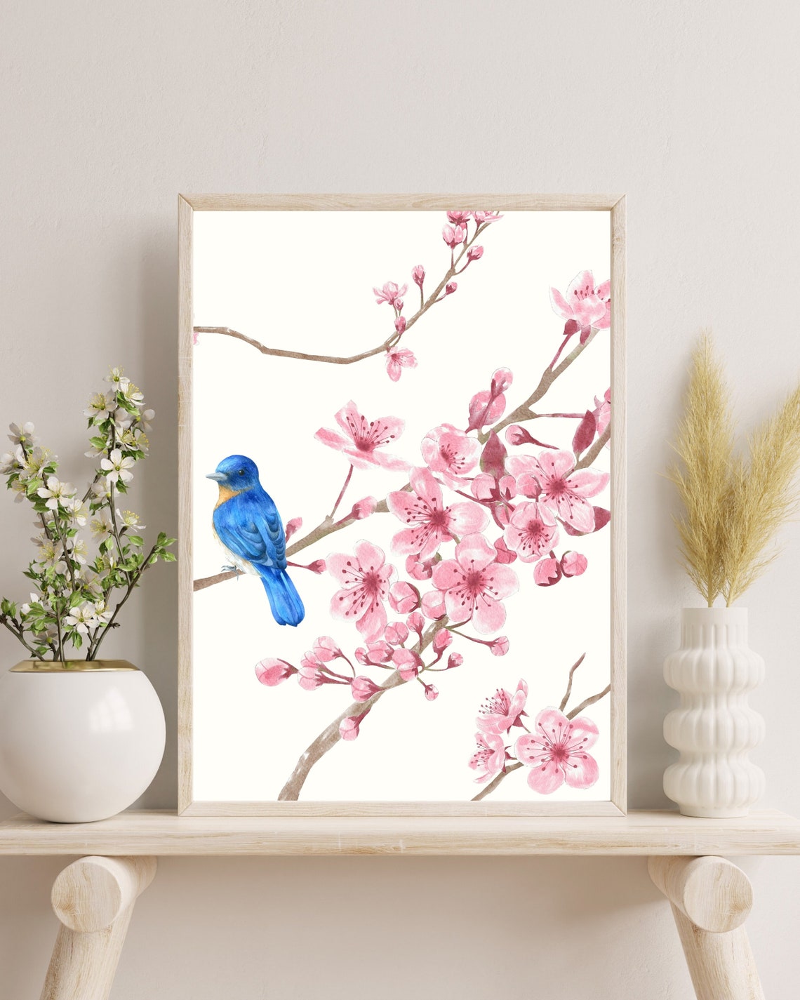 Bluebird on Cherry Blossom Branch Spring Watercolor Bird Poster - Image 3