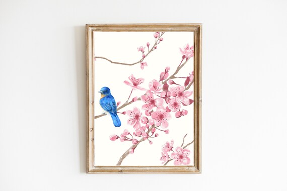 Bluebird on Cherry Blossom Branch Spring Watercolor Bird Poster