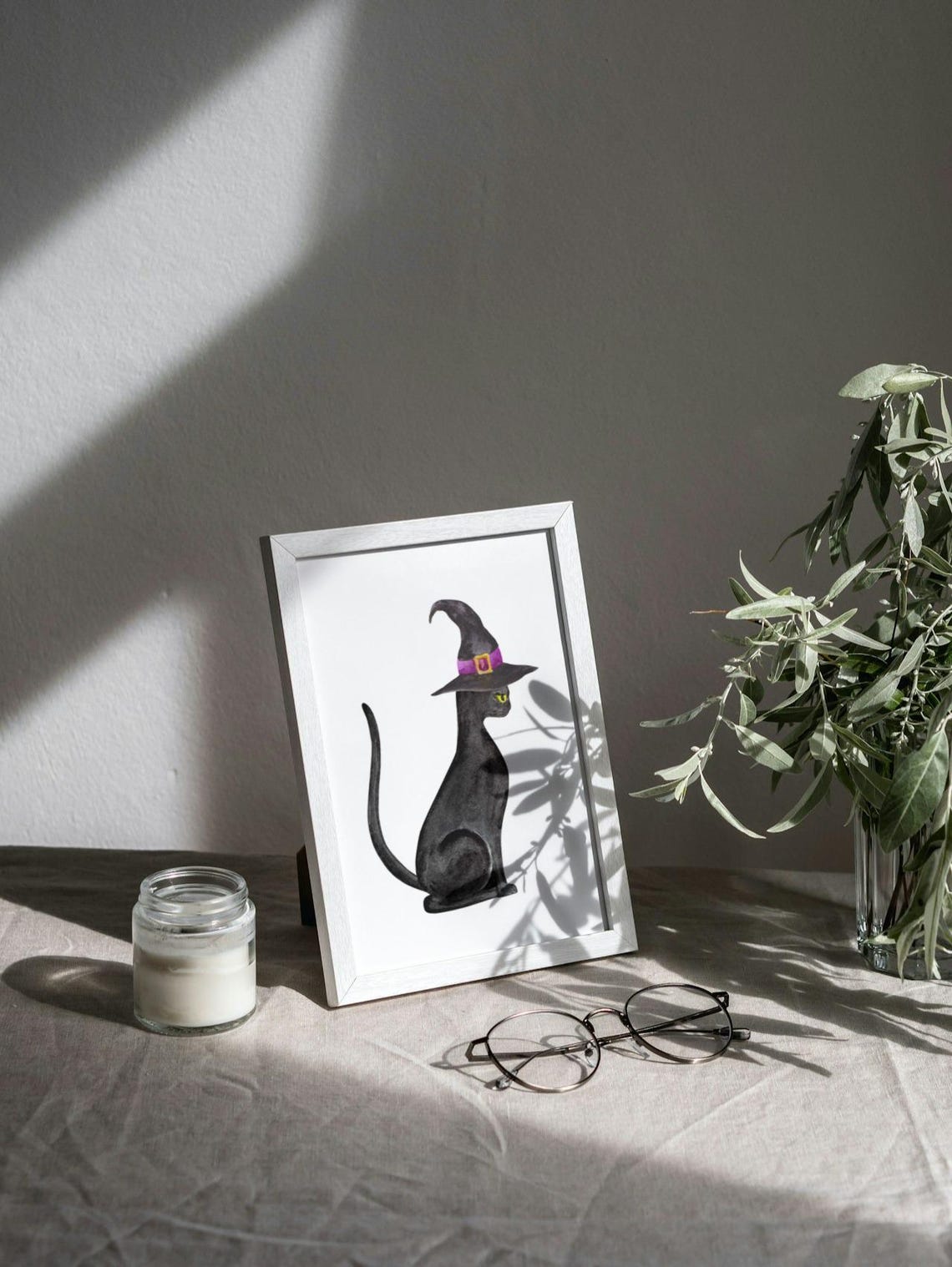 Black Cat Wearing Witch Hat Halloween Watercolor Animal Poster - Image 3