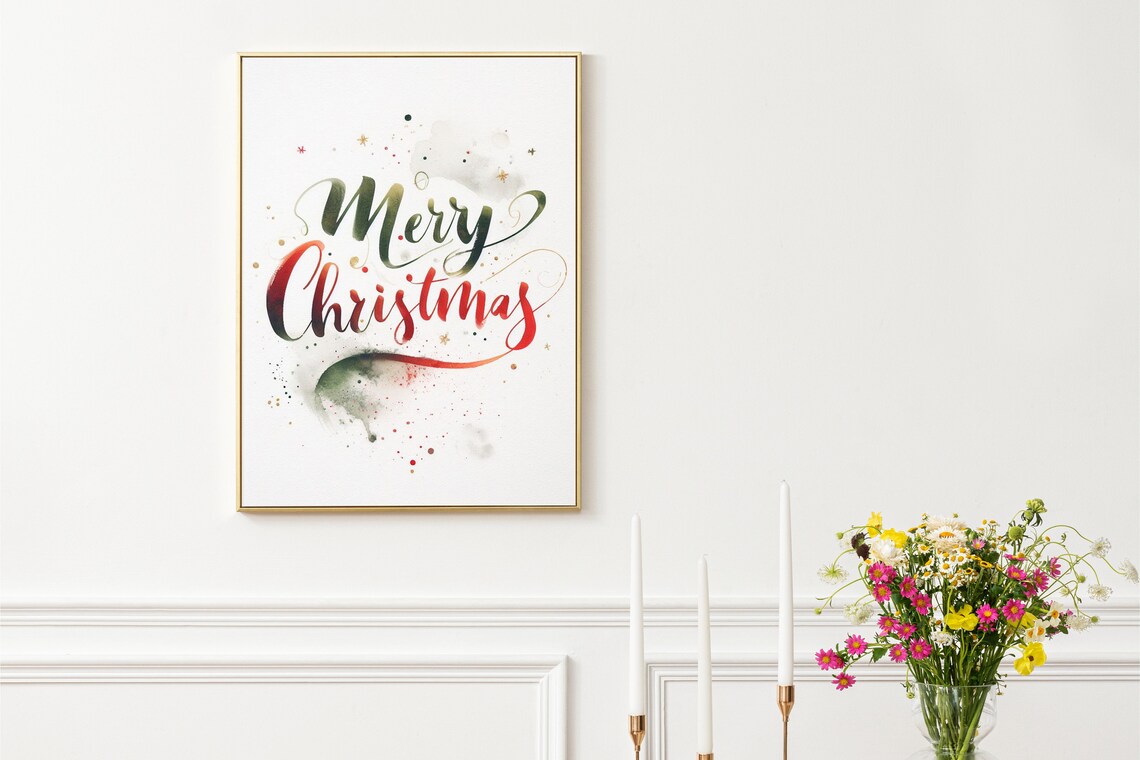 Merry Christmas Watercolor Calligraphy Red Green Holiday Poster - Image 3