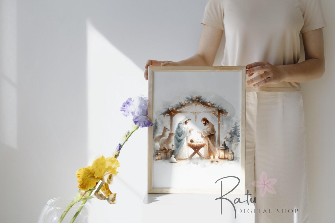 Christmas Nativity Scene Birth of Jesus Watercolor Holiday Print - Image 2