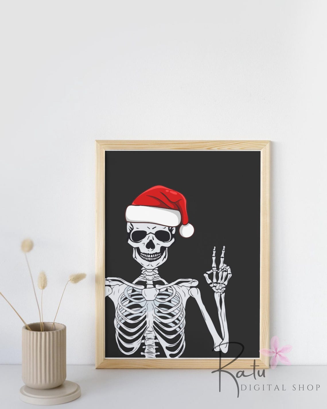 Christmas Skeleton Poster Skeleton With Santa Hat Print Skeleton Peace Sign Goth Christmas Decor Wall Art Funny Holiday Decor - Image 2