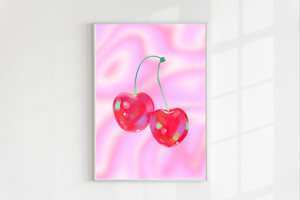 Pink Y2K Glossy Cherry Duo Cute Fruit Illustration Dorm Room Poster - Image 3