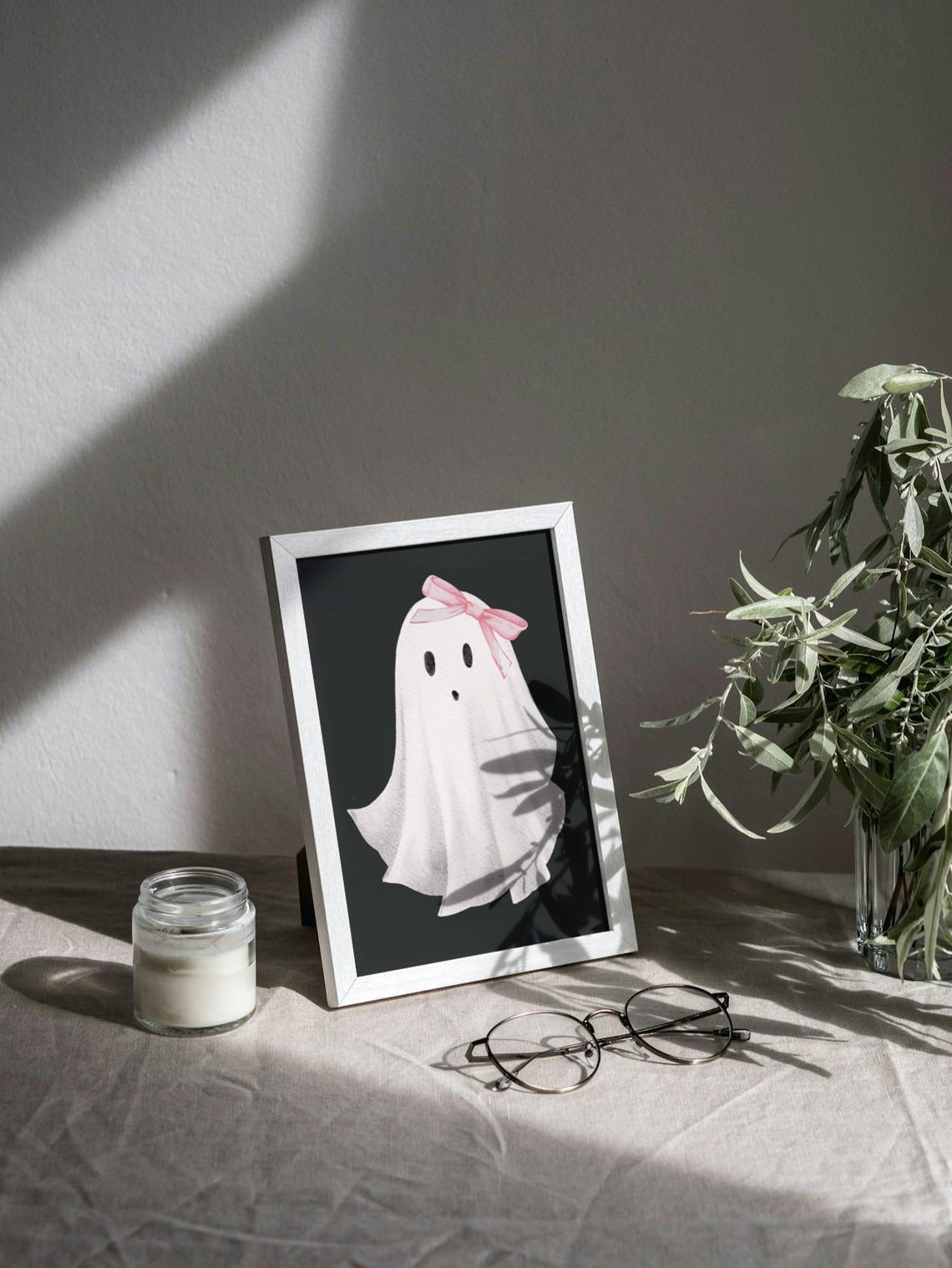 Cute Ghost Pink Bow Dark Background Halloween Poster Sweet Spooky Art - Image 3