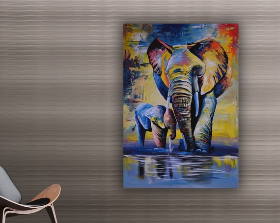 Colorful Elephant And Calf Drinking Water Vibrant Wildlife Poster