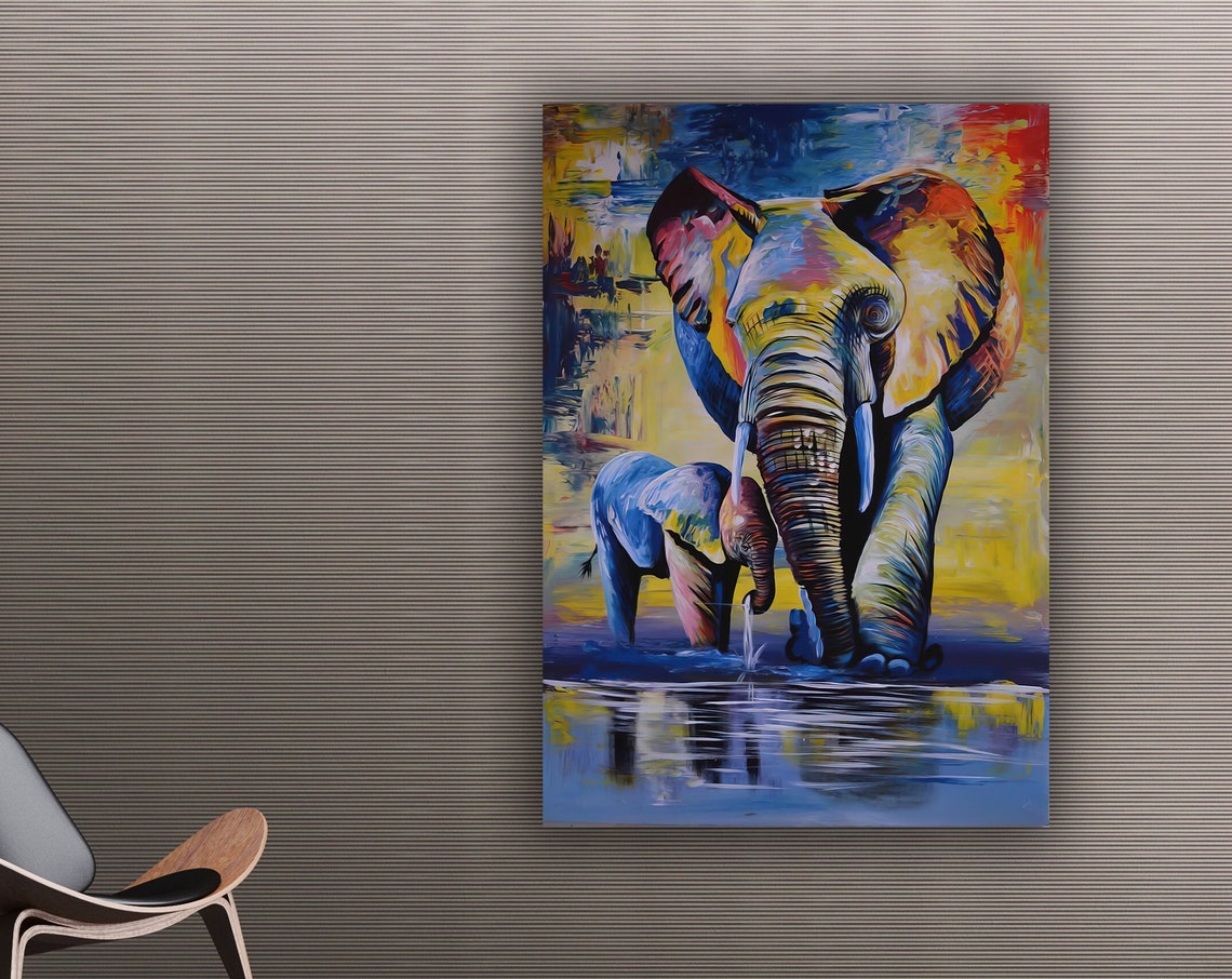 Colorful Elephant And Calf Drinking Water Vibrant Wildlife Poster