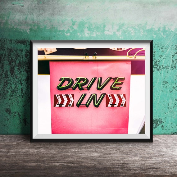 Drive In Vintage Neon Sign, Mid-Century Photo Print